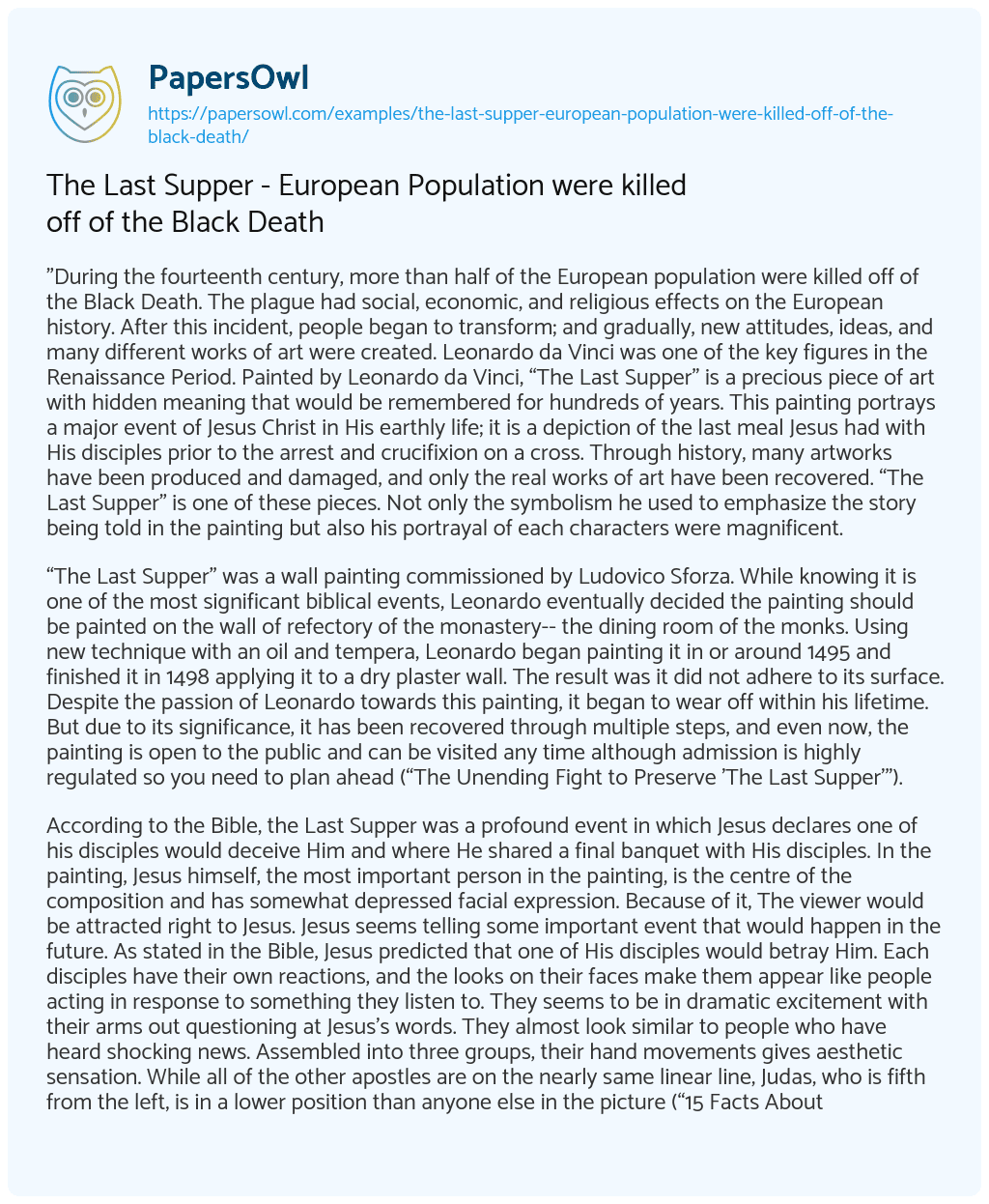 The Last Supper – European Population were Killed off of the Black Death The Last Supper – European Population were Killed off of the Black Death essay