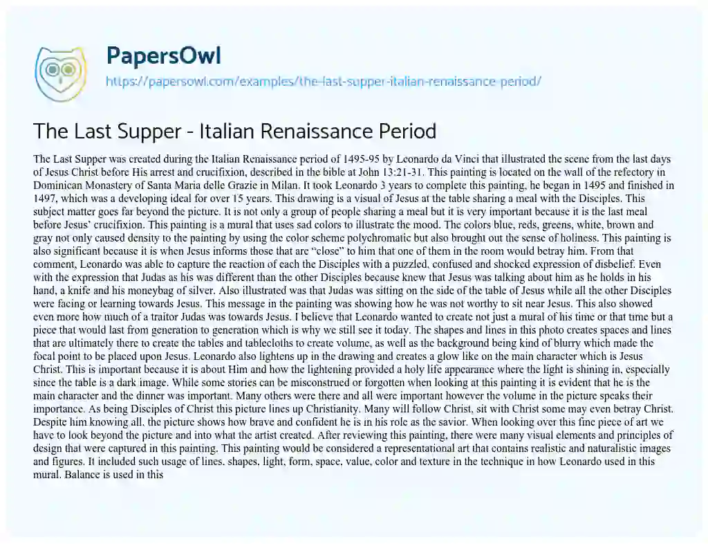 The Last Supper – Italian Renaissance Period essay
