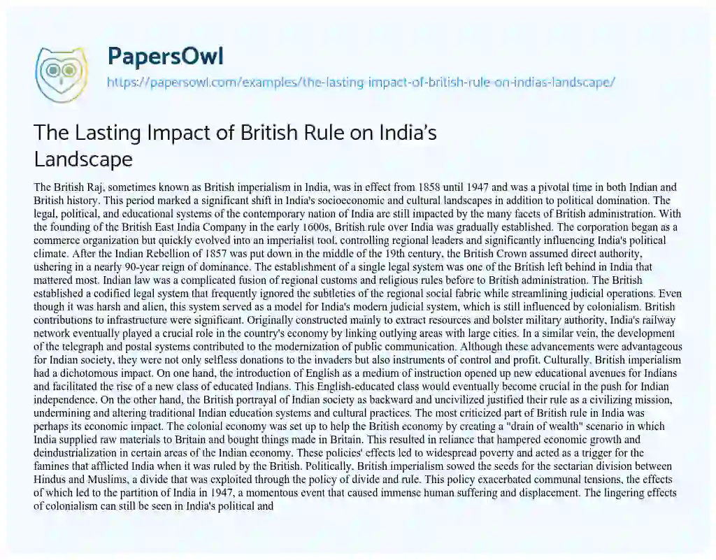 Essay on The Lasting Impact of British Rule on India’s Landscape