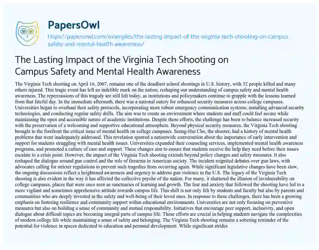 Essay on The Lasting Impact of the Virginia Tech Shooting on Campus Safety and Mental Health Awareness