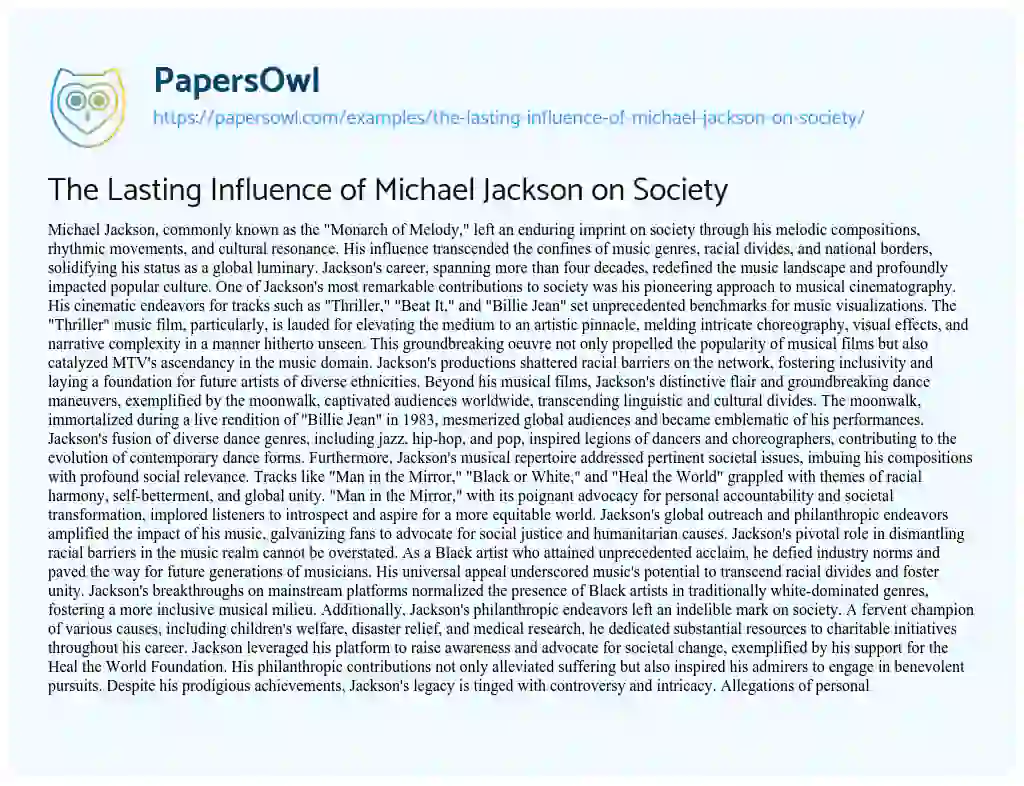 Essay on The Lasting Influence of Michael Jackson on Society