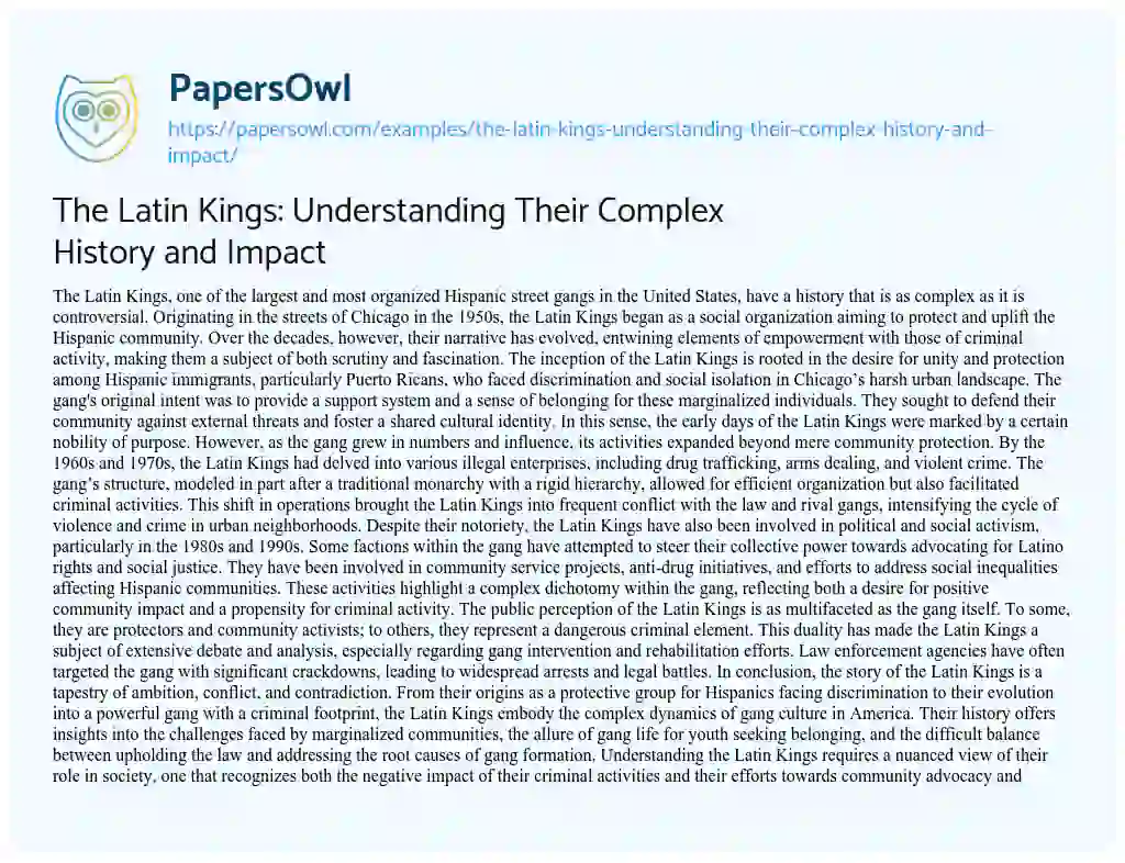 Essay on The Latin Kings: Understanding their Complex History and Impact