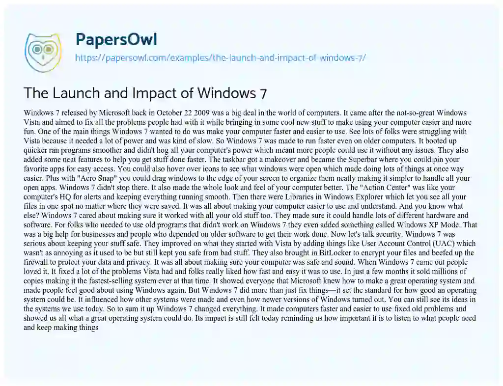 Essay on The Launch and Impact of Windows 7