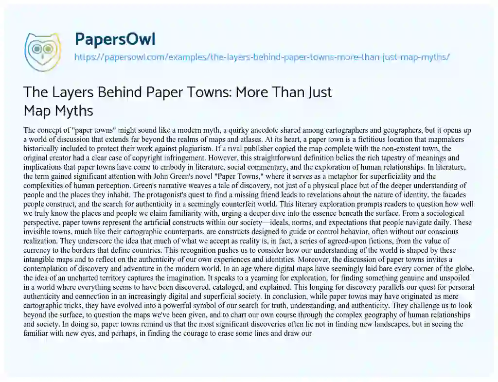 Essay on The Layers Behind Paper Towns: more than Just Map Myths