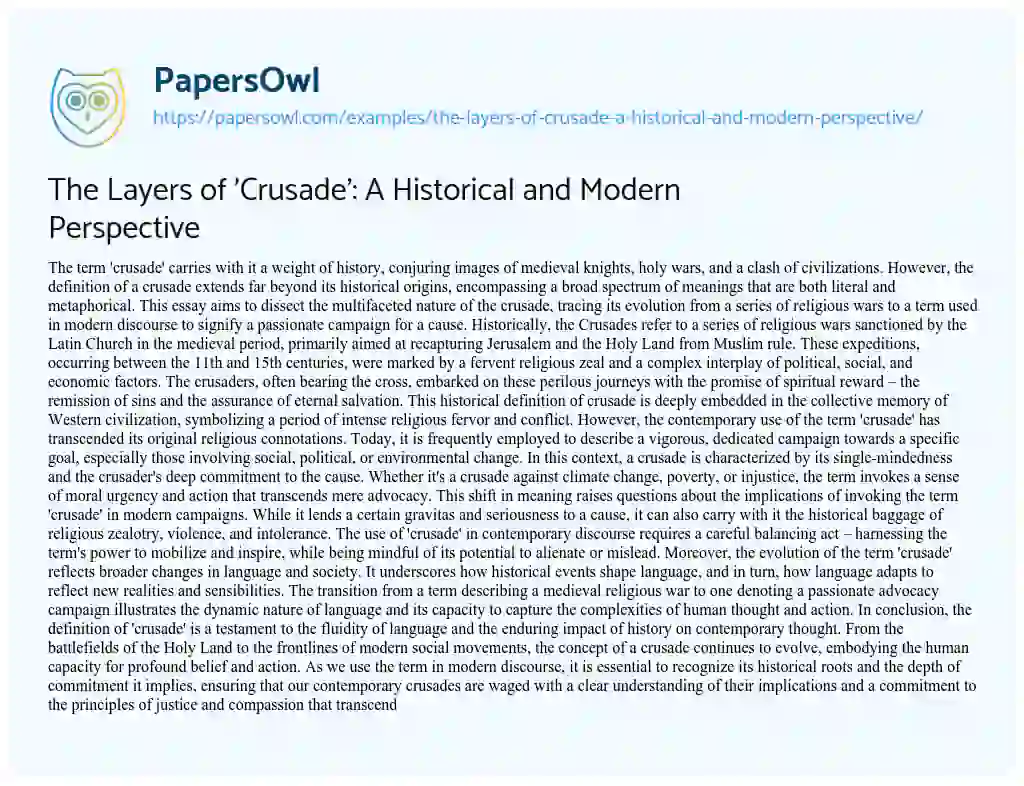 Essay on The Layers of ‘Crusade’: a Historical and Modern Perspective