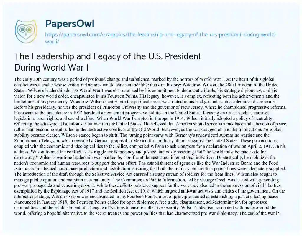 Essay on The Leadership and Legacy of the U.S. President during World War i