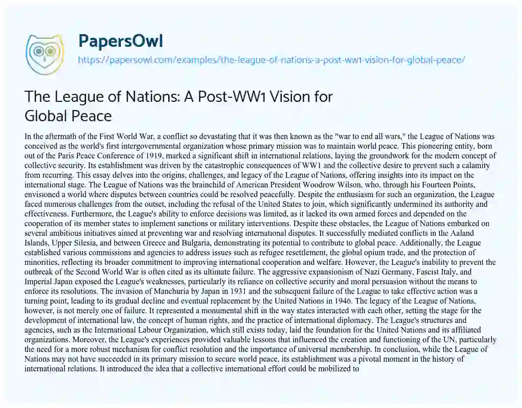 Essay on The League of Nations: a Post-WW1 Vision for Global Peace