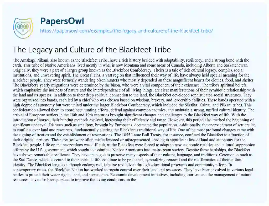 Essay on The Legacy and Culture of the Blackfeet Tribe