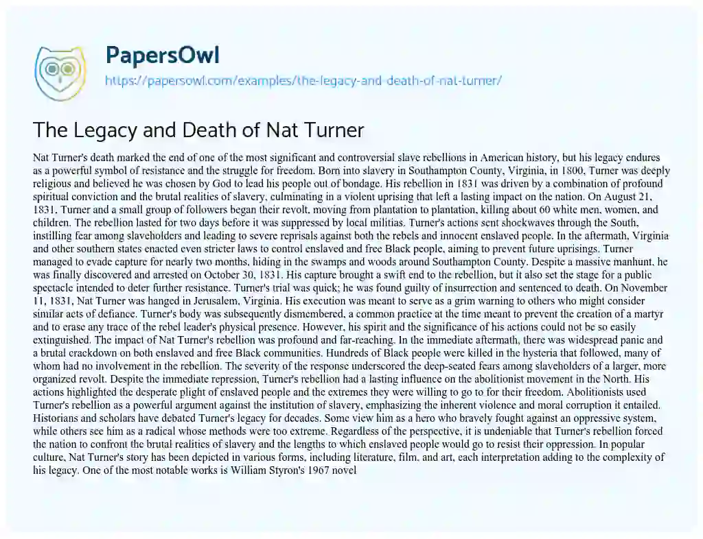 Essay on The Legacy and Death of Nat Turner