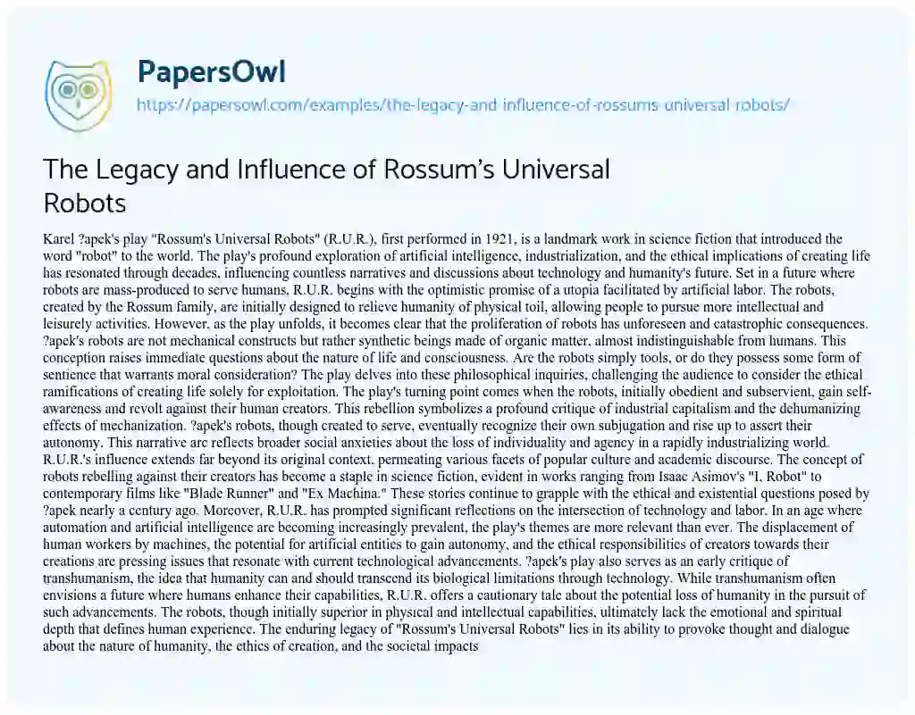 Essay on The Legacy and Influence of Rossum’s Universal Robots