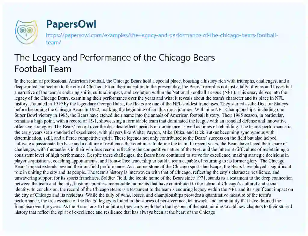 Essay on The Legacy and Performance of the Chicago Bears Football Team