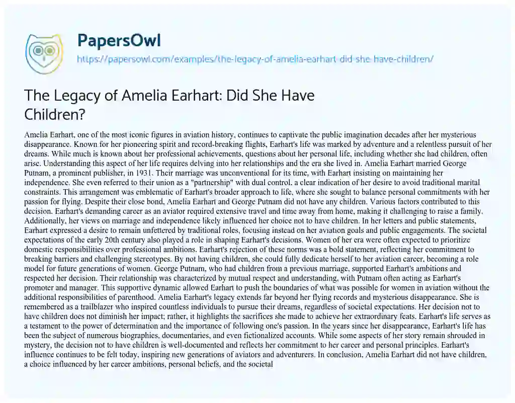 Essay on The Legacy of Amelia Earhart: did she have Children?