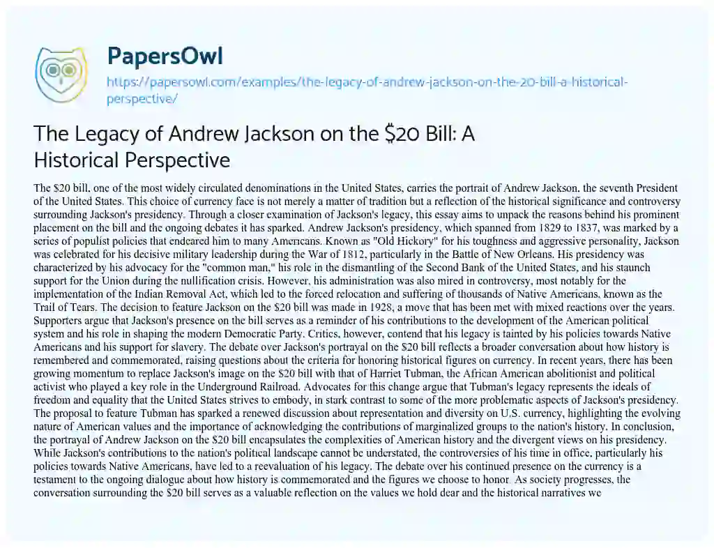 Essay on The Legacy of Andrew Jackson on the $20 Bill: a Historical Perspective