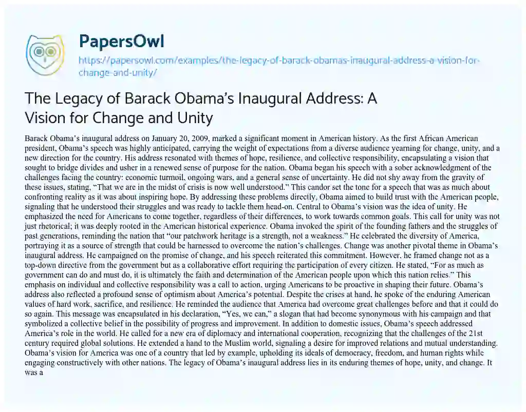 Essay on The Legacy of Barack Obama’s Inaugural Address: a Vision for Change and Unity