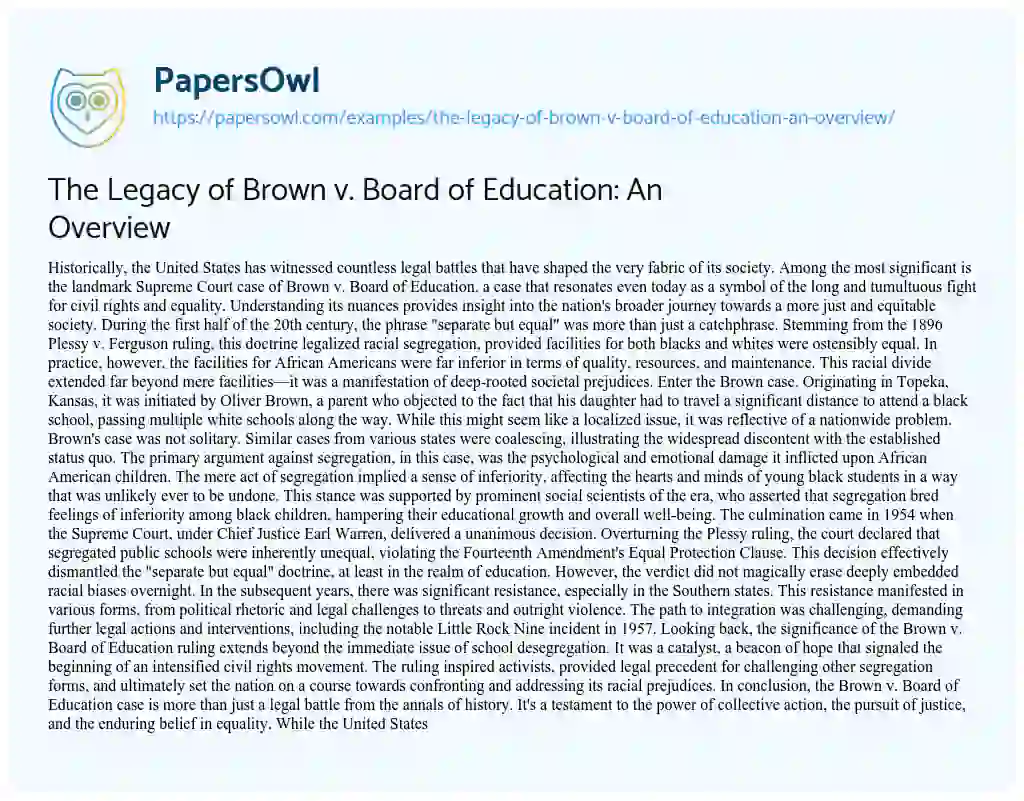 Essay on The Legacy of Brown V. Board of Education: an Overview