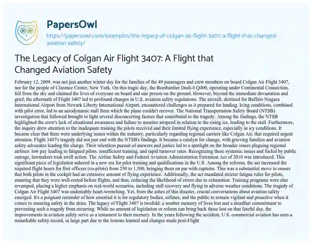 Essay on The Legacy of Colgan Air Flight 3407: a Flight that Changed Aviation Safety