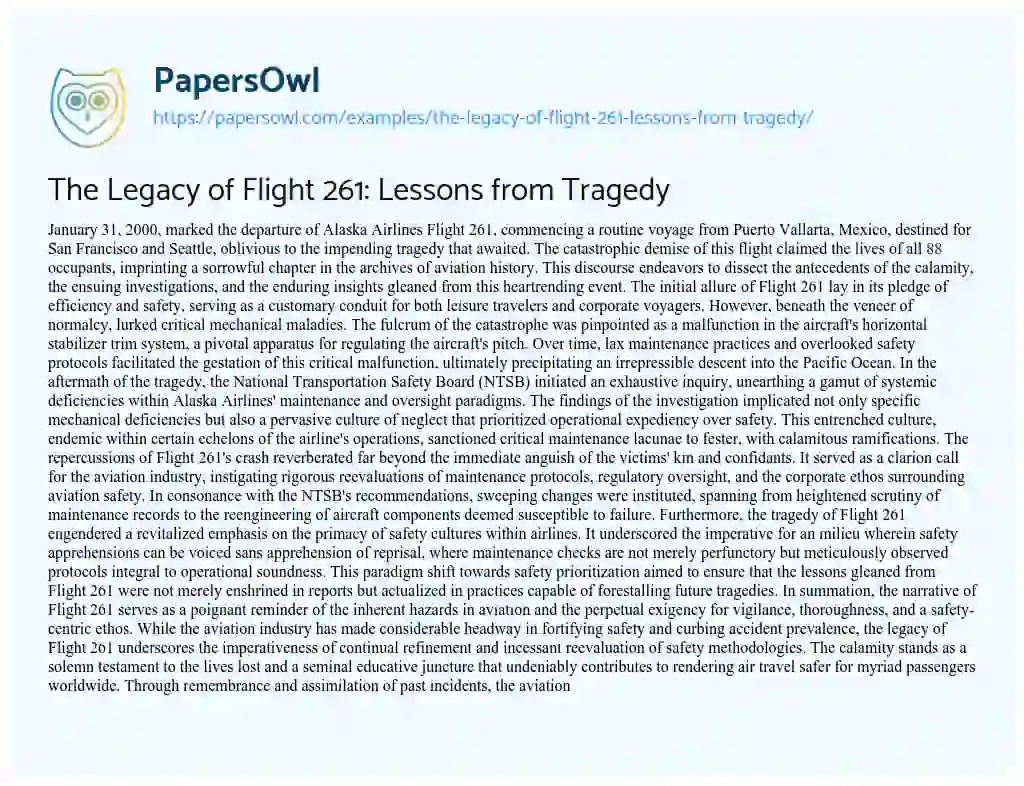 Essay on The Legacy of Flight 261: Lessons from Tragedy