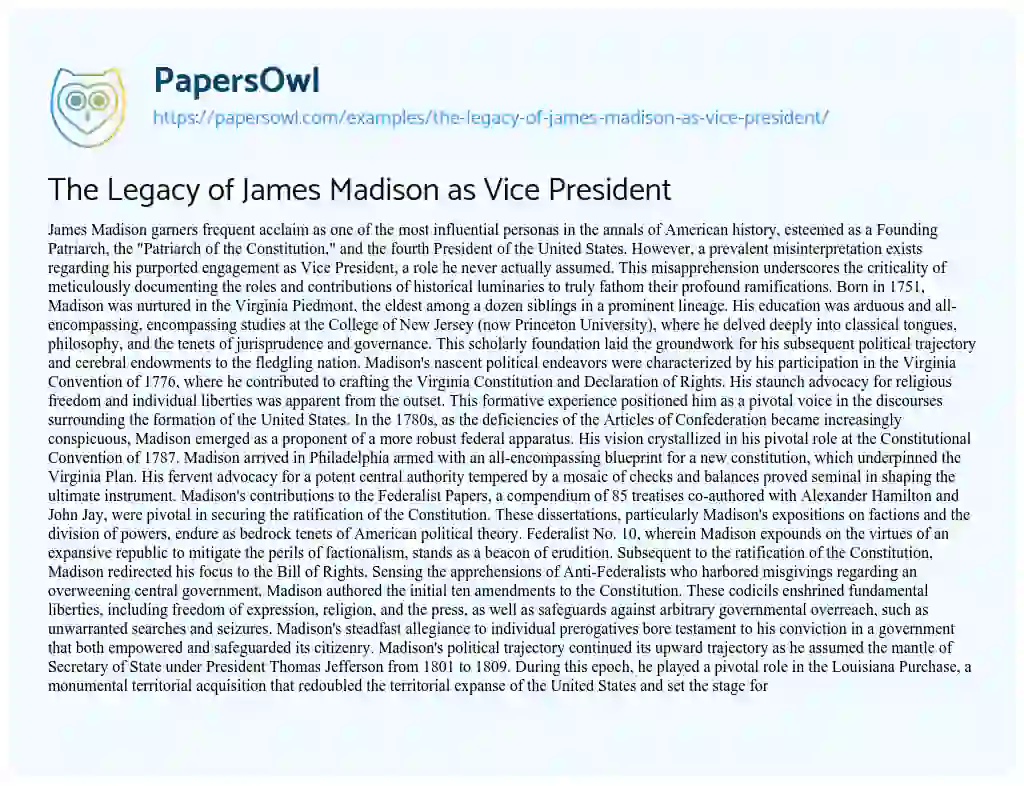 Essay on The Legacy of James Madison as Vice President