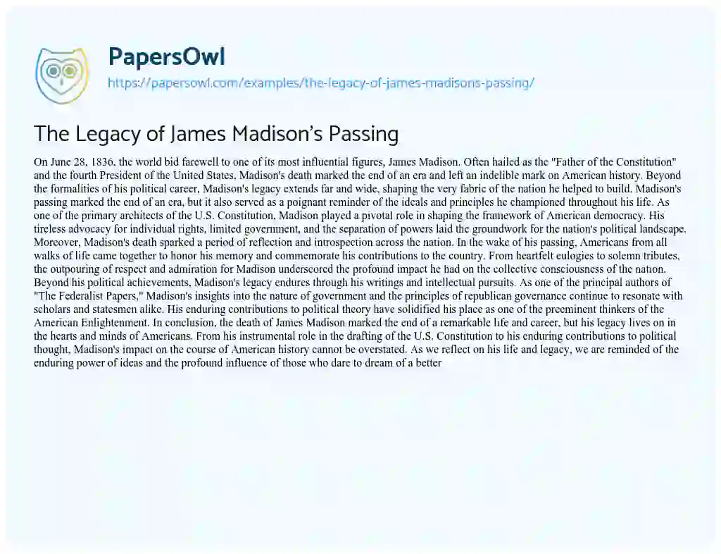 Essay on The Legacy of James Madison’s Passing