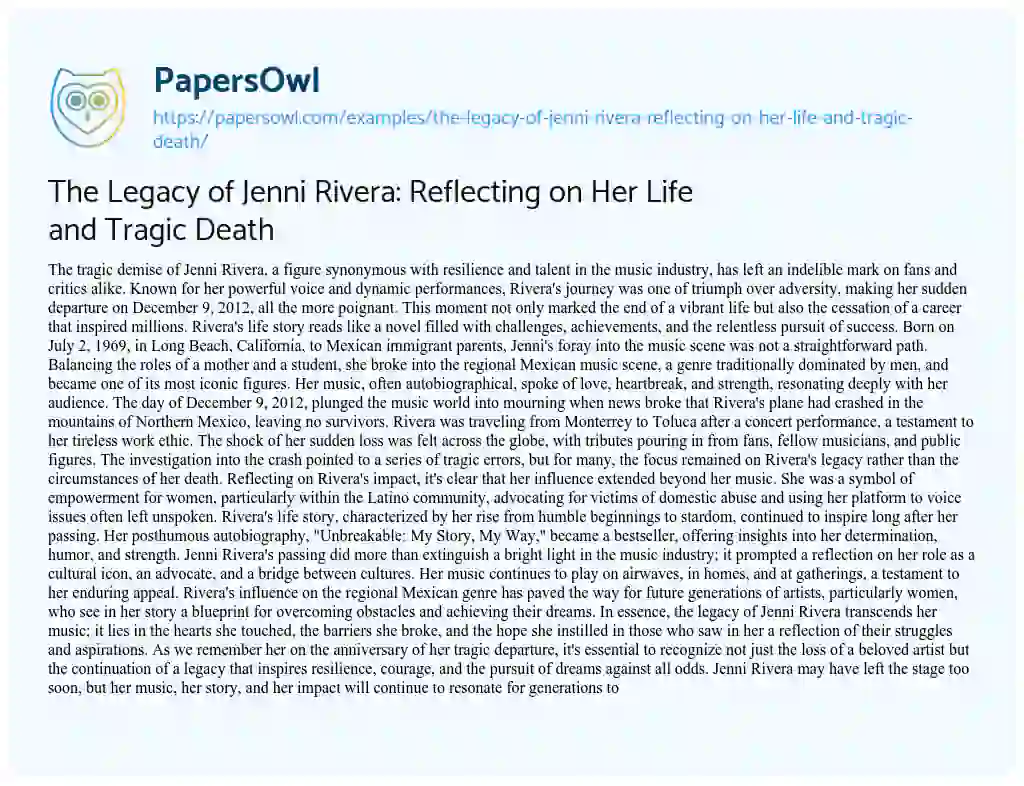 Essay on The Legacy of Jenni Rivera: Reflecting on her Life and Tragic Death