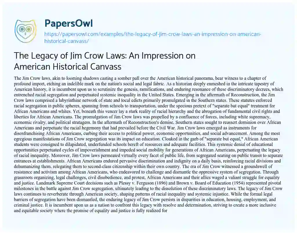 Essay on The Legacy of Jim Crow Laws: an Impression on American Historical Canvass