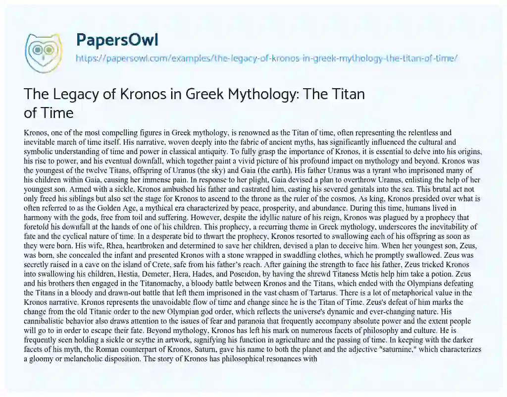 Essay on The Legacy of Kronos in Greek Mythology: the Titan of Time