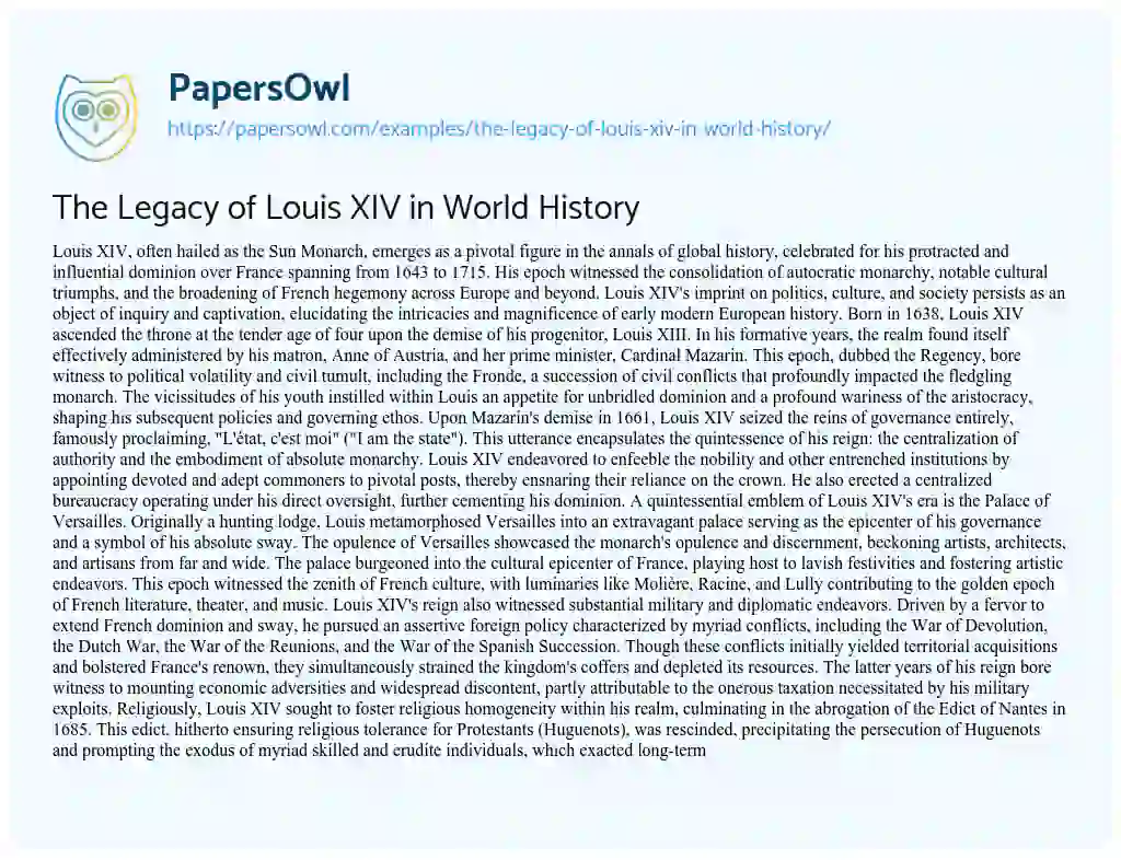 Essay on The Legacy of Louis XIV in World History