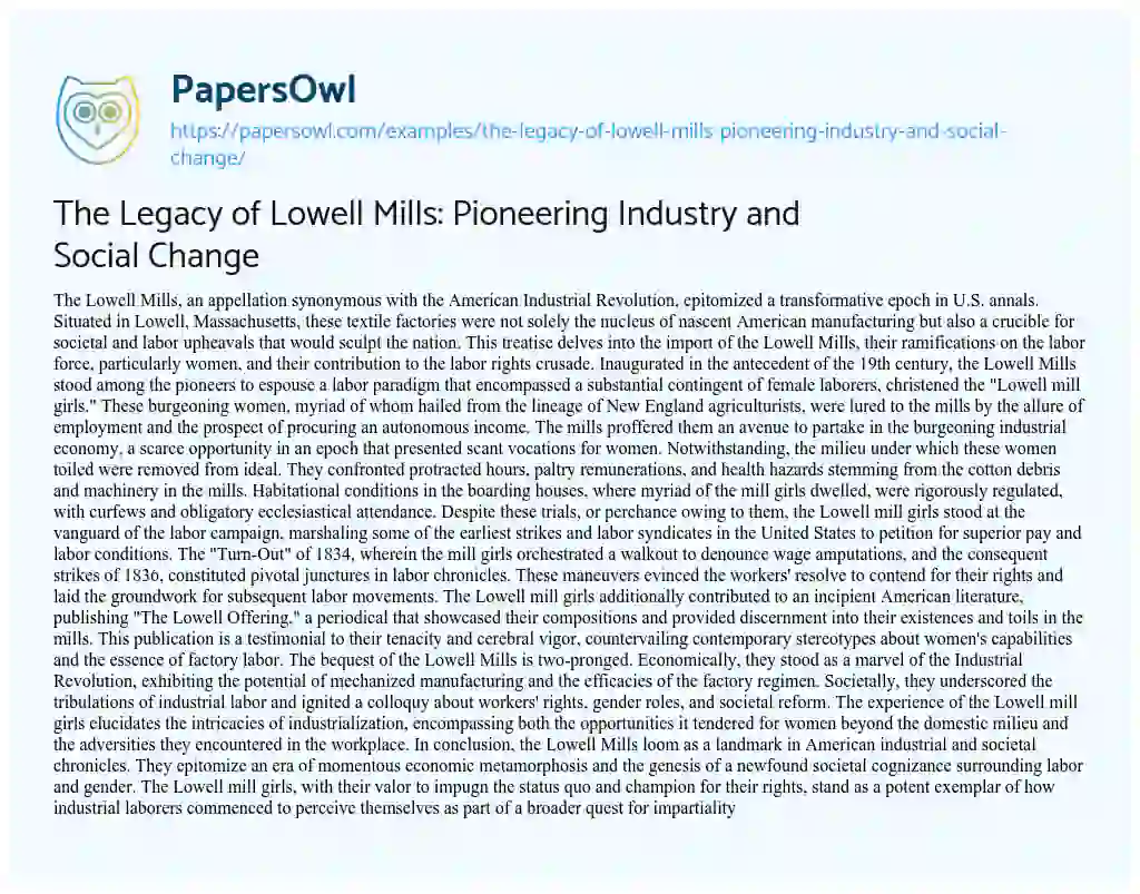 Essay on The Legacy of Lowell Mills: Pioneering Industry and Social Change