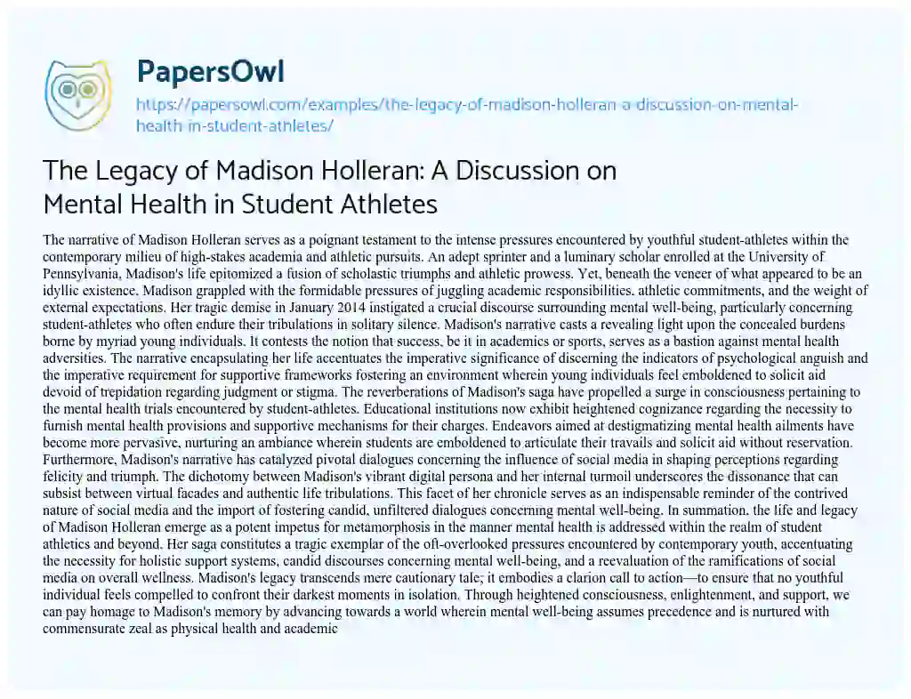 Essay on The Legacy of Madison Holleran: a Discussion on Mental Health in Student Athletes