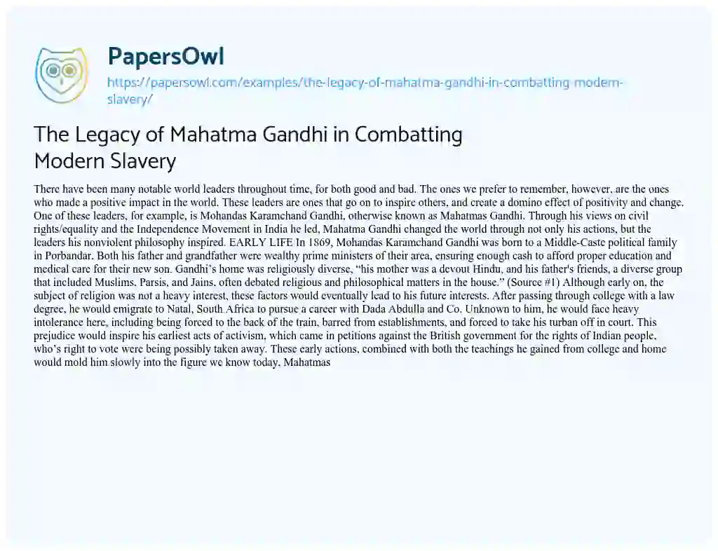Essay on The Legacy of Mahatma Gandhi in Combatting Modern Slavery