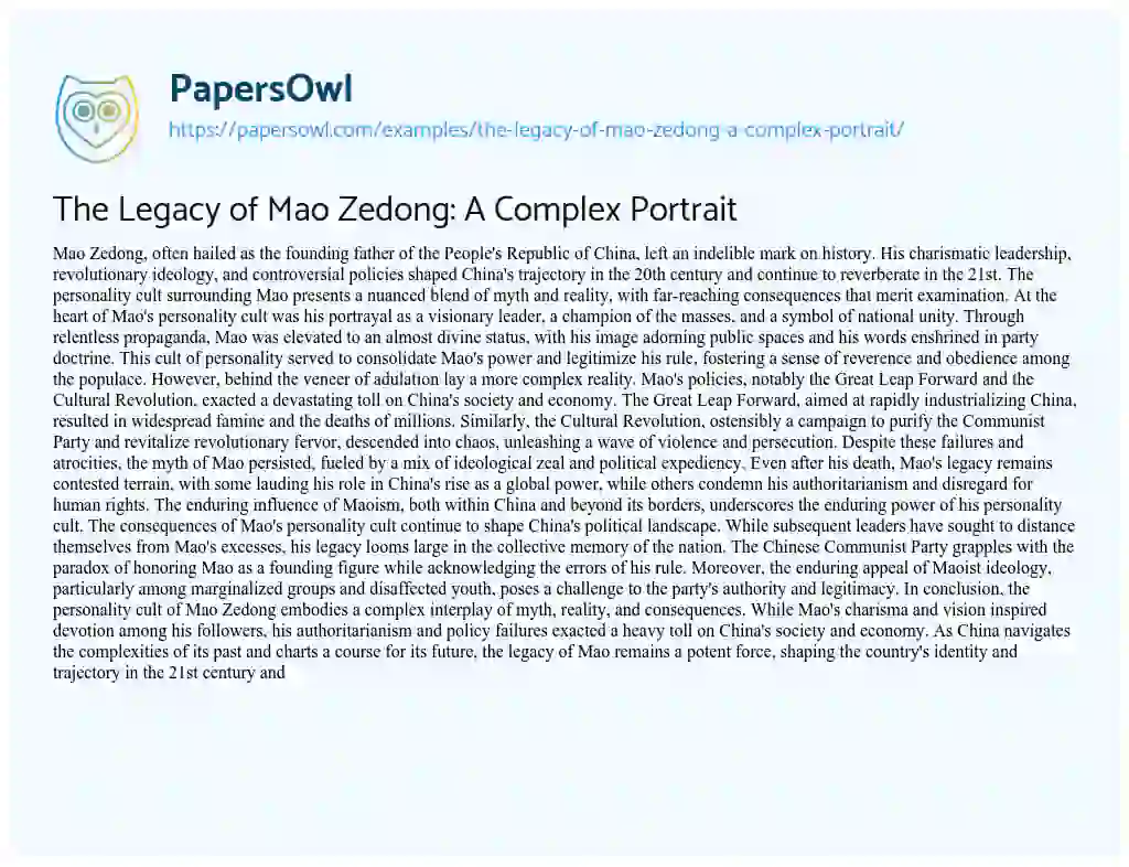 Essay on The Legacy of Mao Zedong: a Complex Portrait