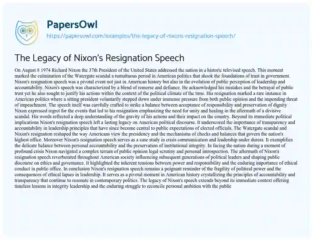 Essay on The Legacy of Nixon’s Resignation Speech