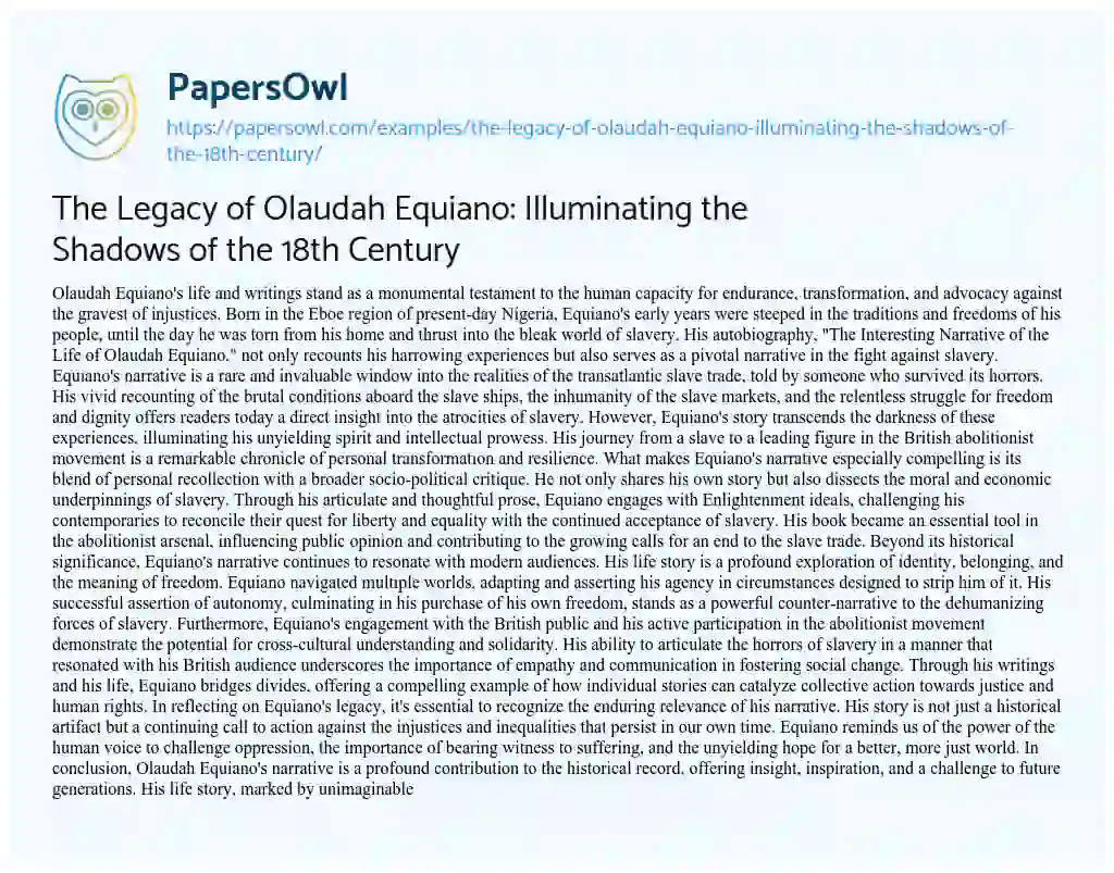 Essay on The Legacy of Olaudah Equiano: Illuminating the Shadows of the 18th Century
