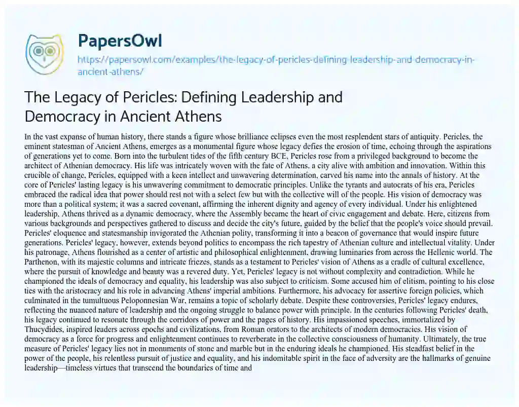 Essay on The Legacy of Pericles: Defining Leadership and Democracy in Ancient Athens