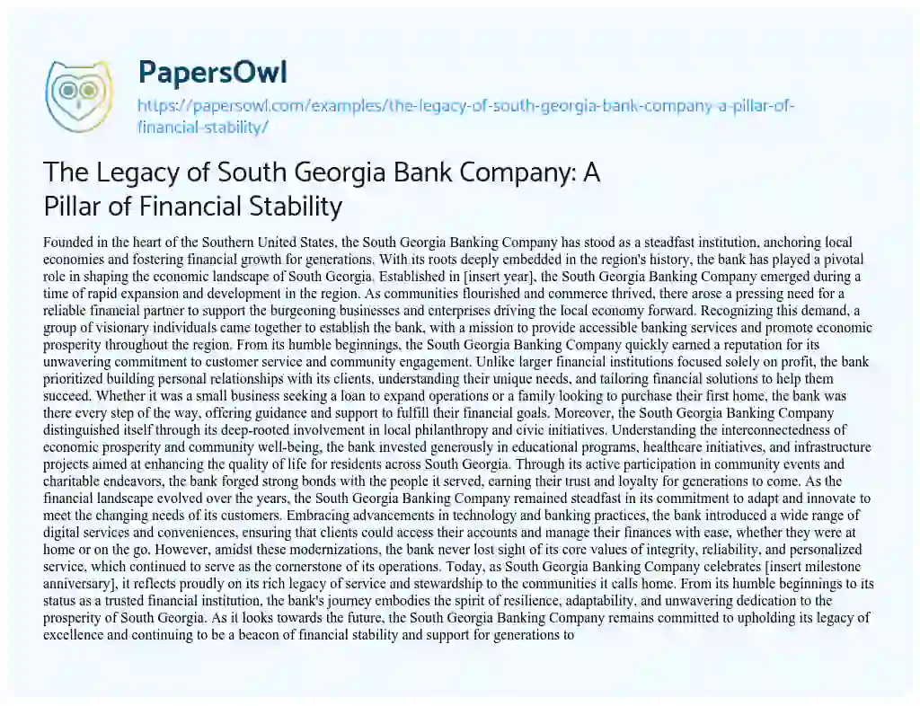 Essay on The Legacy of South Georgia Bank Company: a Pillar of Financial Stability