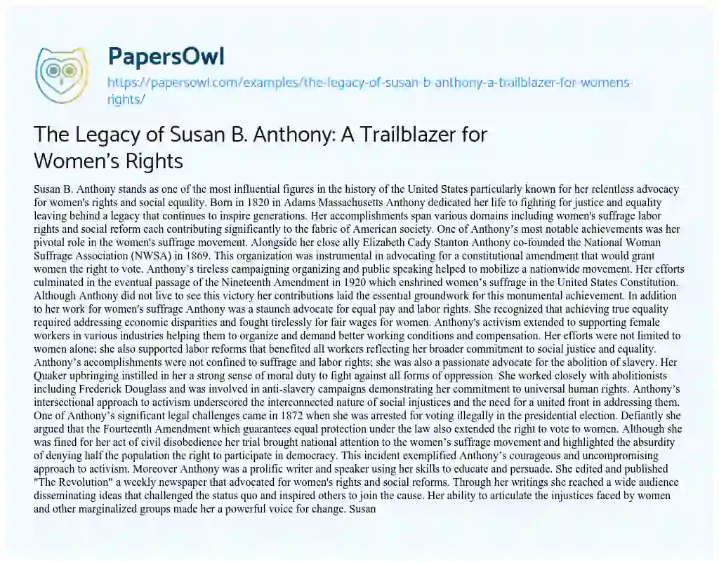 Essay on The Legacy of Susan B. Anthony: a Trailblazer for Women’s Rights