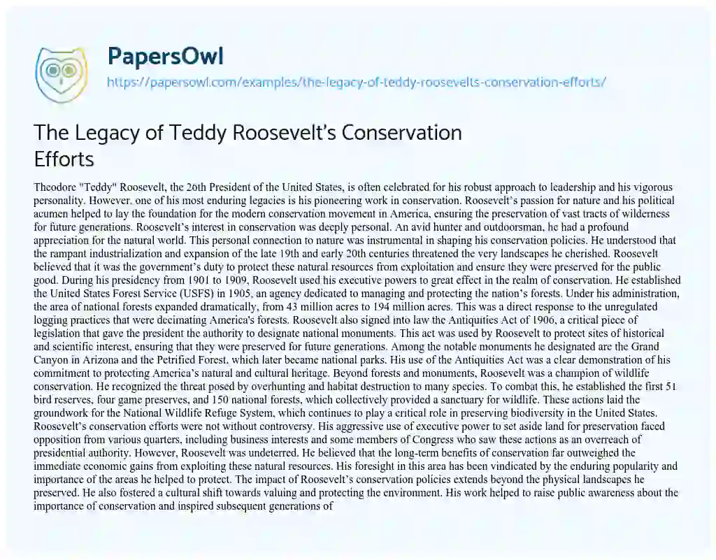 Essay on The Legacy of Teddy Roosevelt’s Conservation Efforts
