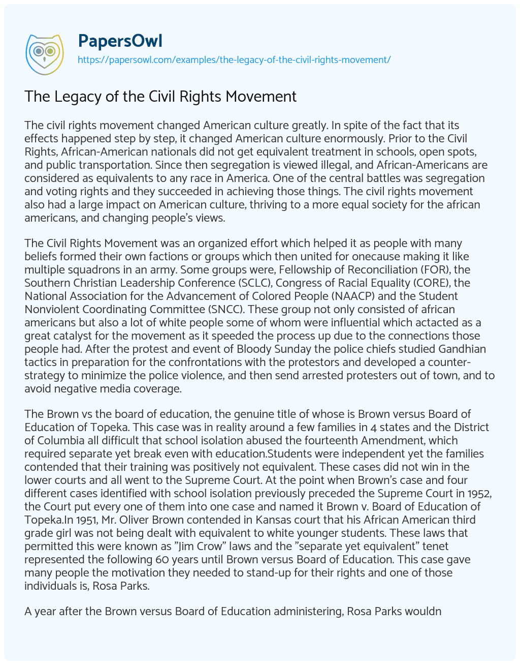 Essay on The Legacy of the Civil Rights Movement
