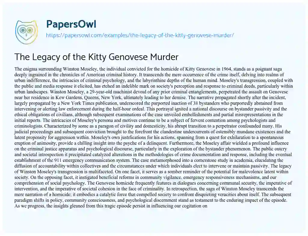 Essay on The Legacy of the Kitty Genovese Murder