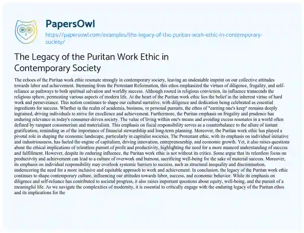 Essay on The Legacy of the Puritan Work Ethic in Contemporary Society