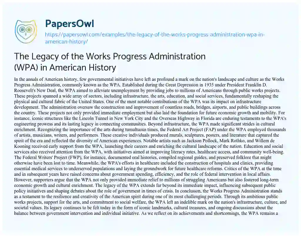 Essay on The Legacy of the Works Progress Administration (WPA) in American History