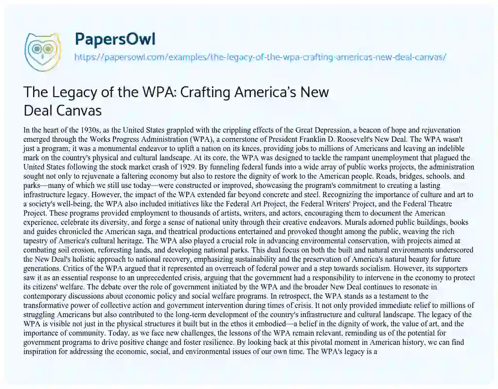 Essay on The Legacy of the WPA: Crafting America’s New Deal Canvas