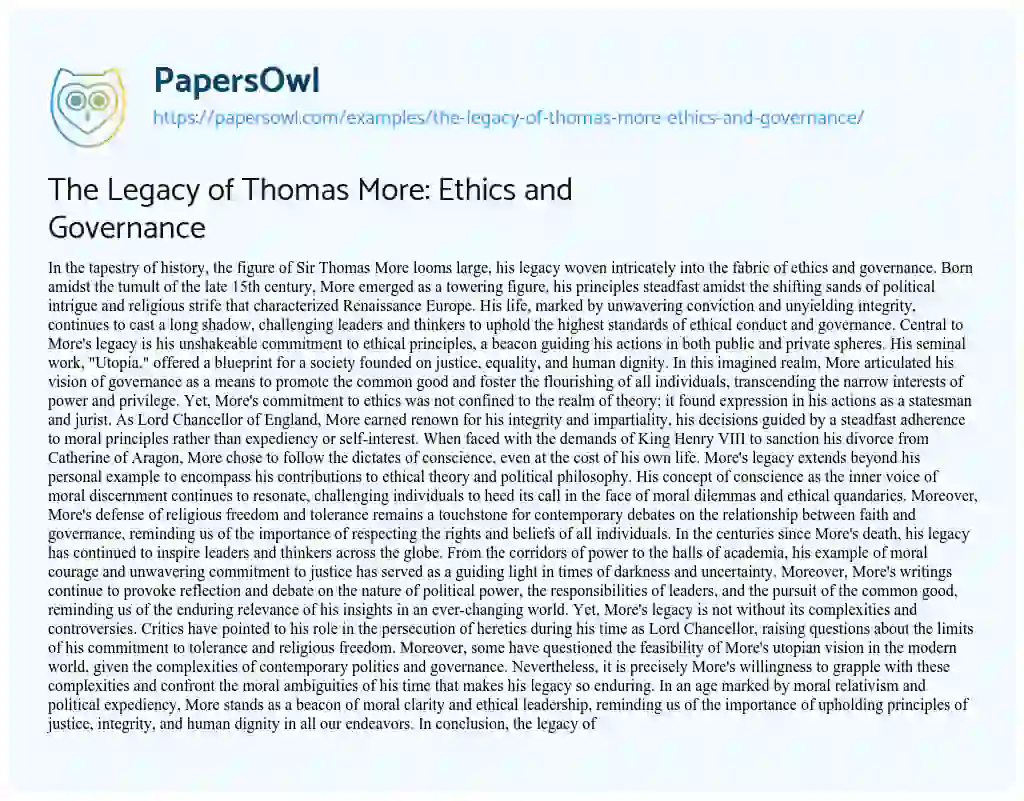Essay on The Legacy of Thomas More: Ethics and Governance