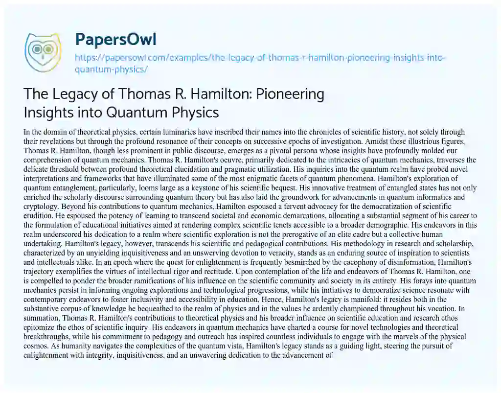 Essay on The Legacy of Thomas R. Hamilton: Pioneering Insights into Quantum Physics