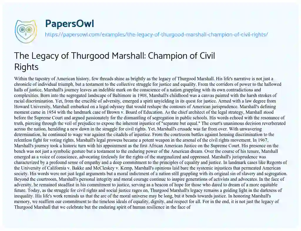 Essay on The Legacy of Thurgood Marshall: Champion of Civil Rights