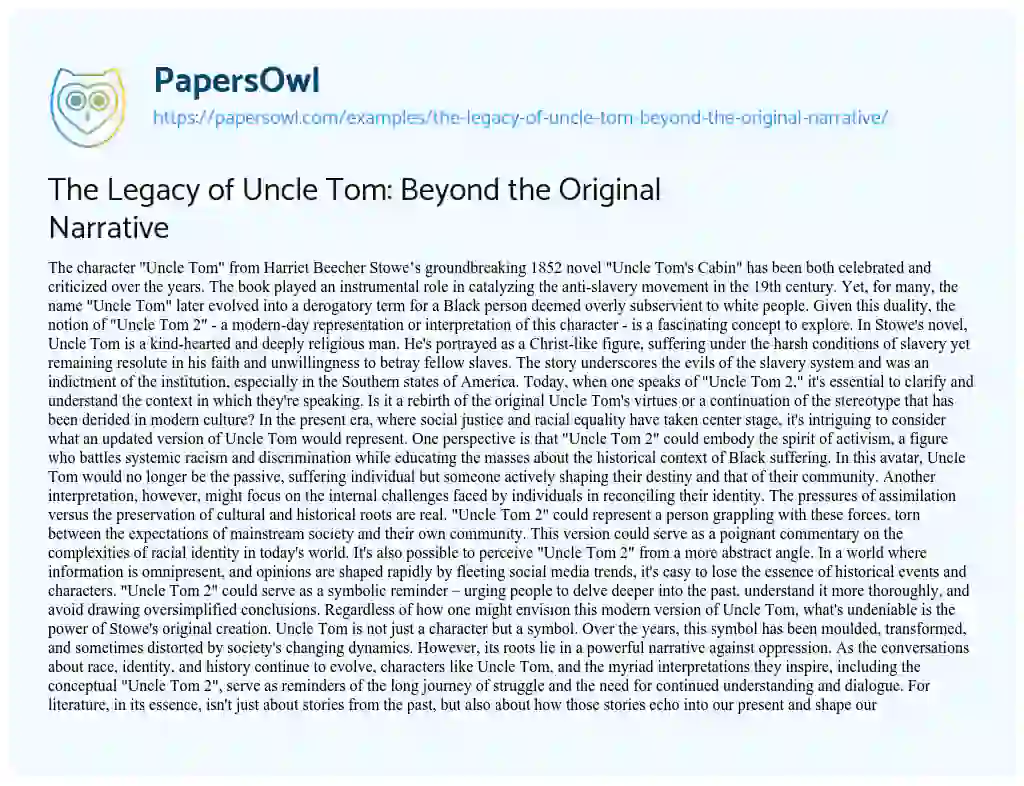 Essay on The Legacy of Uncle Tom: Beyond the Original Narrative