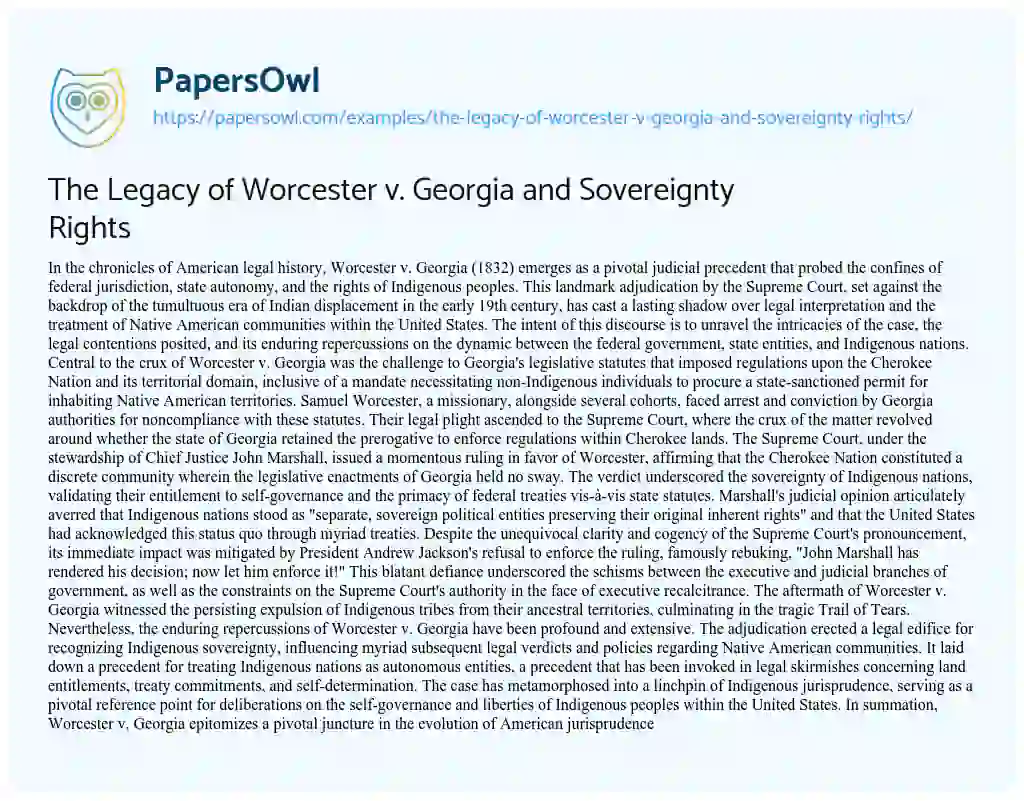 Essay on The Legacy of Worcester V. Georgia and Sovereignty Rights