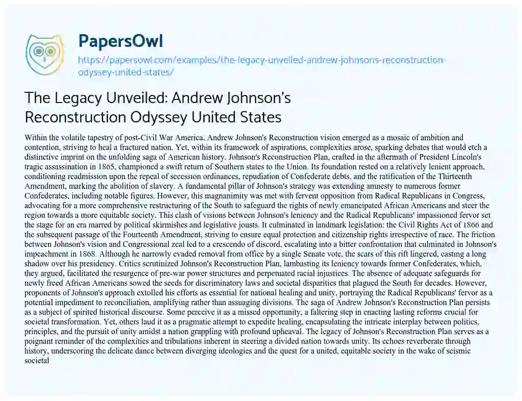 Essay on The Legacy Unveiled: Andrew Johnson’s Reconstruction Odyssey United States