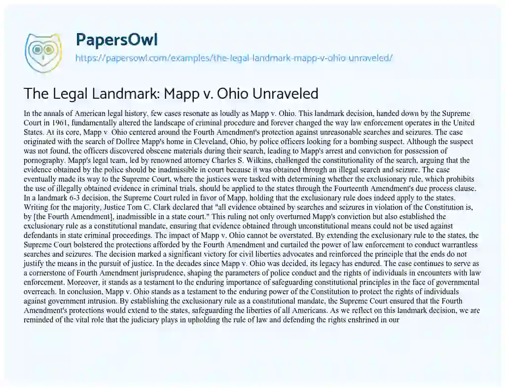 Essay on The Legal Landmark: Mapp V. Ohio Unraveled