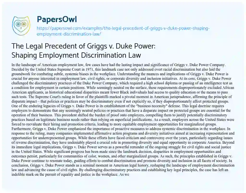 Essay on The Legal Precedent of Griggs V. Duke Power: Shaping Employment Discrimination Law